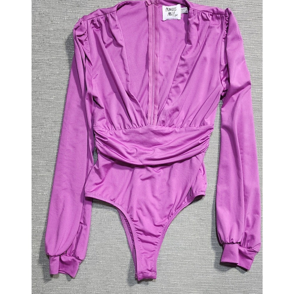 Princess Polly Purple Long Sleeve Deep V‎ Bodysuit Ruched Waist Size 4